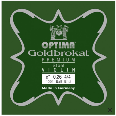 Embalagem verde de cordas de violino Optima Goldbrokat Premium com texto branco.