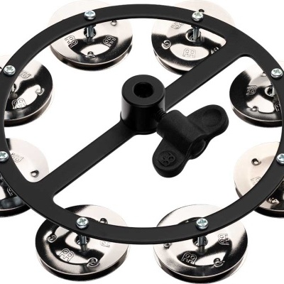 Pandeiro circular com aro preto e platinelas de metal prateado