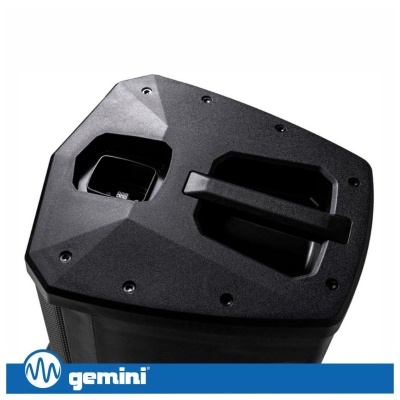 Coluna de som portátil preta com alça de transporte da marca Gemini