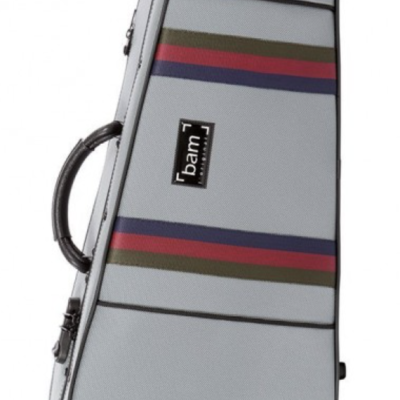 Estojo rígido cinza para instrumento musical com faixas coloridas e etiqueta bam