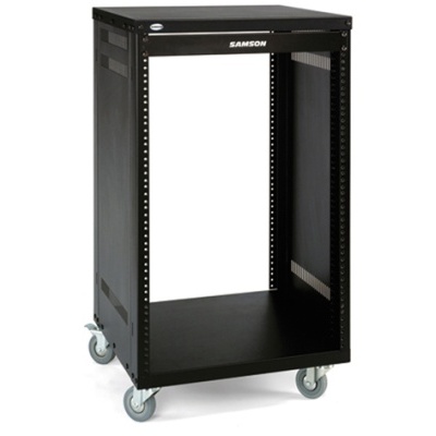 Armário móvel preto para equipamentos com rodas e estrutura aberta, com logótipo SAMSON