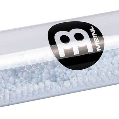 Recipiente cilíndrico transparente com pequenas esferas brancas e tampas pretas com logótipo MEINL