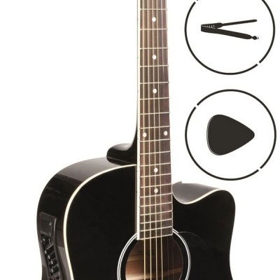 Guitarra acústica eletrificada preta com acessórios ilustrados