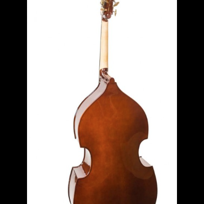 Contrabaixo acústico em madeira castanha visto de trás