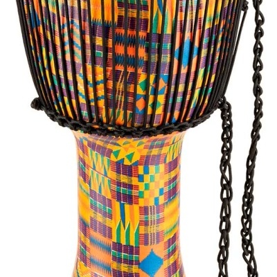 Djembé colorido com pele branca e cordas pretas