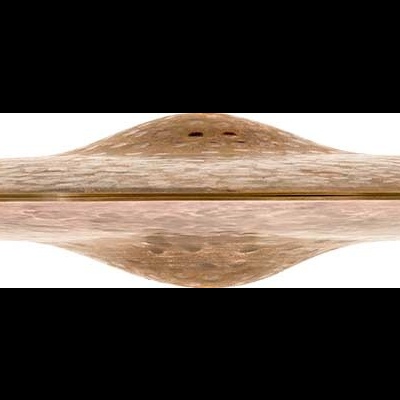Objeto em madeira com formato de disco voador, vista lateral