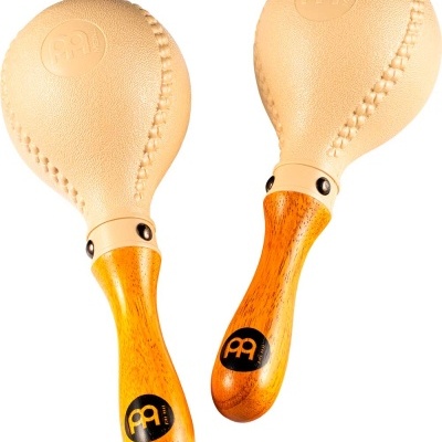 Par de maracas com cabo de madeira e parte superior em couro sintético bege