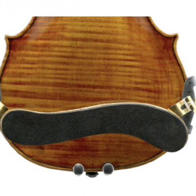 Apoio para ombro preto com suportes dourados sobre violino de madeira clara