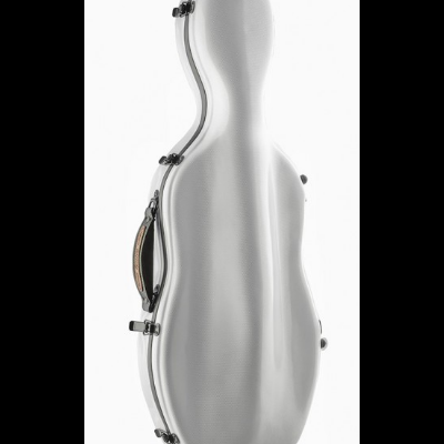 Estojo rígido para violoncelo branco com fechos prateados e pega preta