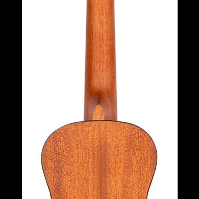 Ukulele visto por trás com madeira castanha clara e tarraxas prateadas e pretas