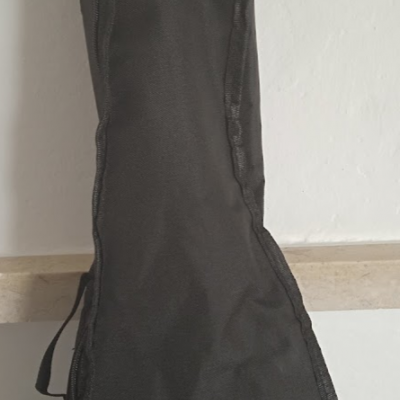 Estojo preto para guitarra ou ukulele encostado a parede branca.