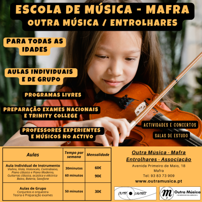 Cartaz da Escola de Música - Mafra com menina a tocar violino e texto informativo em amarelo e preto.