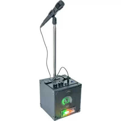 Coluna portátil preta com microfone em suporte ajustável e luz verde