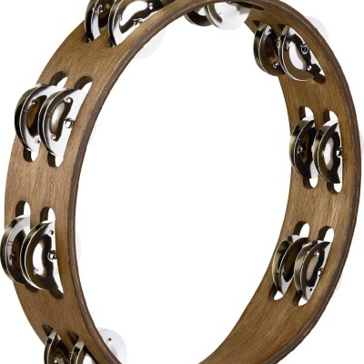 Pandeireta de madeira castanha com discos metálicos prateados