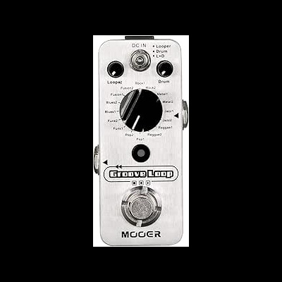 Pedal de efeito para guitarra Mooer Groove Loop prateado com botões e texto
