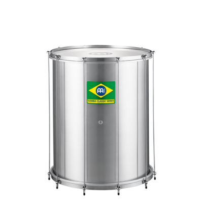 Tambor metálico prateado com etiqueta colorida da marca MEINL