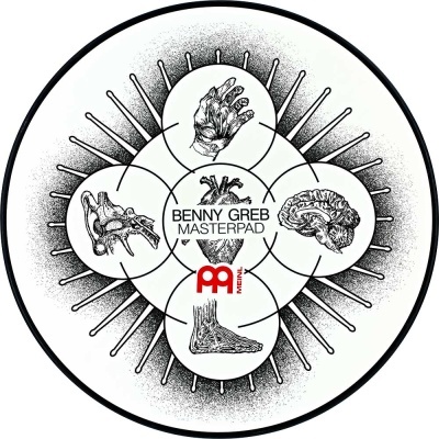 Pelmatilha de bateria com ilustrações anatómicas e texto BENNY GREB MASTERPAD.