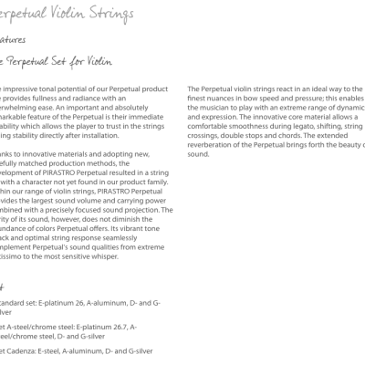 Descrição de cordas de violino Perpetual com detalhes técnicos e materiais