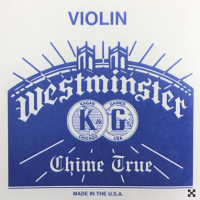 Embalagem de cordas de violino Westminster azul e branca com texto