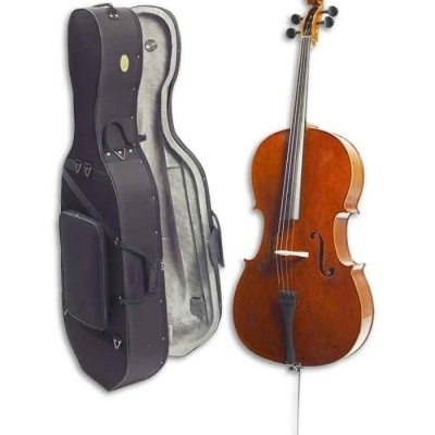 Violoncelo castanho com estojo preto aberto