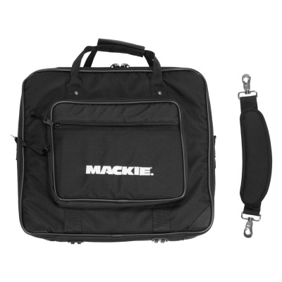 Mala preta quadrada com alça removível e bolso frontal com logo MACKIE
