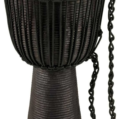 Tambor djembe preto com pele clara e cordas negras