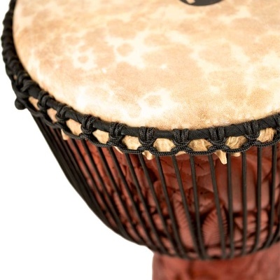 Tambor djembe com pele clara e cuerpo em madeira escura com cordas pretas.