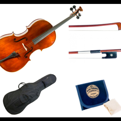 Violoncelo castanho com arco, bolsa preta, estojo azul e pano branco