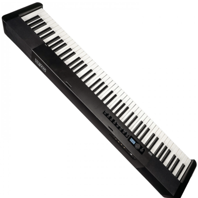 Piano digital CASIO preto com teclas brancas e pretas e ecrã LED azul