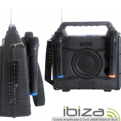 Coluna amplificada preta com alto-falante, microfones e painel lateral com botões