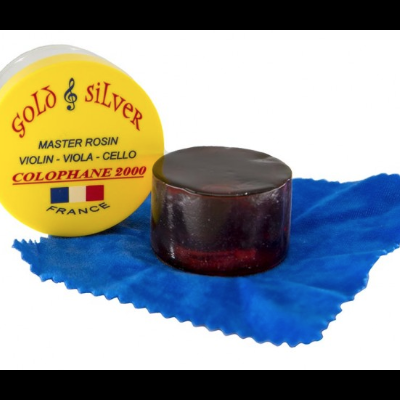 Colofónia GOLD & SILVER para violino, viola e violoncelo com embalagem amarela redonda e pano azul