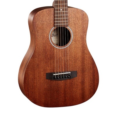 Guitarra acústica em madeira castanho avermelhado com seis cordas