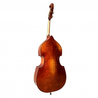 Contrabaixo acústico de madeira castanho visto de costas