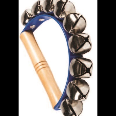 Ganzá de mão azul com carrilhões metálicos e pega de madeira