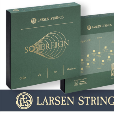 Caixas de embalagem verdes para cordas de violoncelo Larsen Strings SOMERREIGN com texto dourado