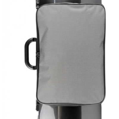 Mala de transporte rígida preta com bolsa cinzenta à frente