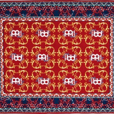 Tapete com padrão vermelho, azul, branco e amarelo com logos mbd