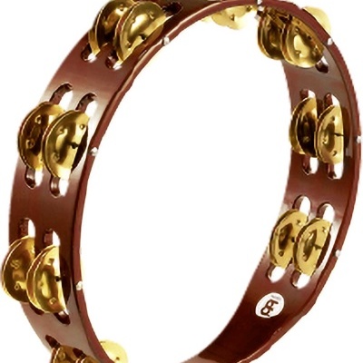 Pandeireta de madeira castanha com címbalos dourados