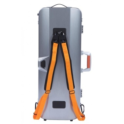 Estojo rígido cinzento metálico com correias alaranjadas para transporte