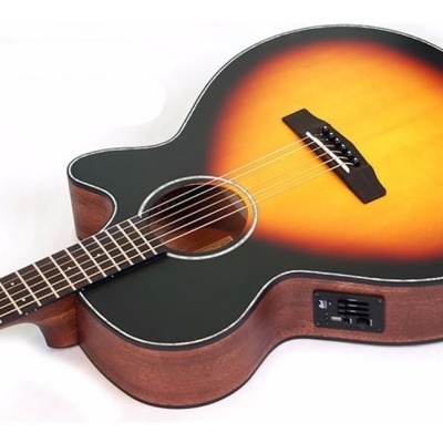 Guitarra acústica sunburst com corpo em madeira e controles laterais