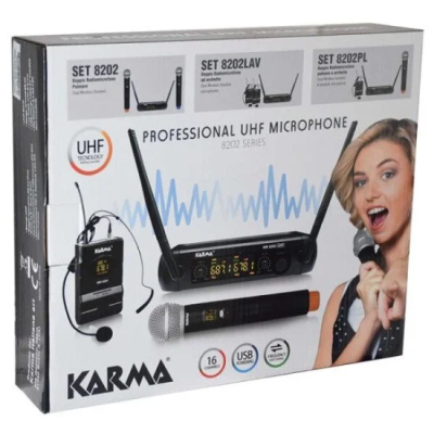 Caixa de microfone profissional UHF Karma com microfone de mão, transmissor de cinto e receptor