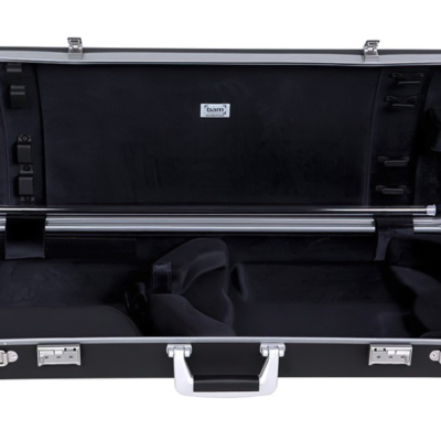 Estojo rígido preto aberto para violino com interior acolchoado