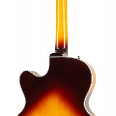 Guitarra acústica semi-hollow em acabamento castanho e amarelo vista de trás