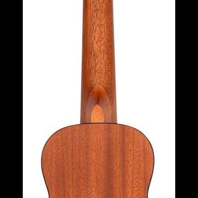 Ukulele de madeira vista traseira com tarraxas prateadas e botões pretos