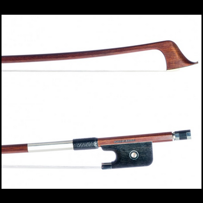 Arco de violino de madeira castanha com crina branca e detalhes em metal.