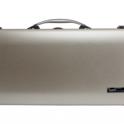 Estojo rígido prateado com alça preta e etiqueta bam FRANCE