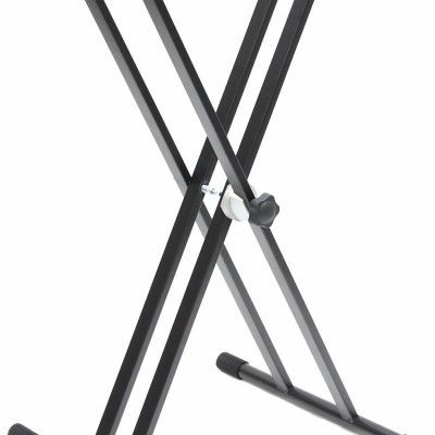 Suporte de teclado em X preto com borracha nas pontas e ajuste central