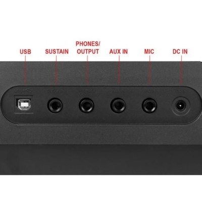 Painel de conexões com etiquetas USB, SUSTAIN, PHONES/OUTPUT, AUX IN, MIC e DC IN