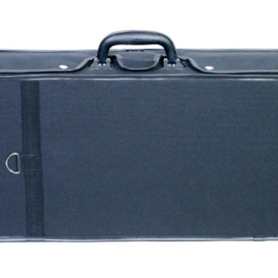 Estojo azul escuro para instrumento musical com alça e fechos metálicos.