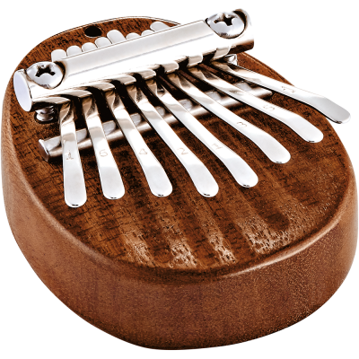 Kalimba em madeira castanha com teclas metálicas prateadas numeradas
